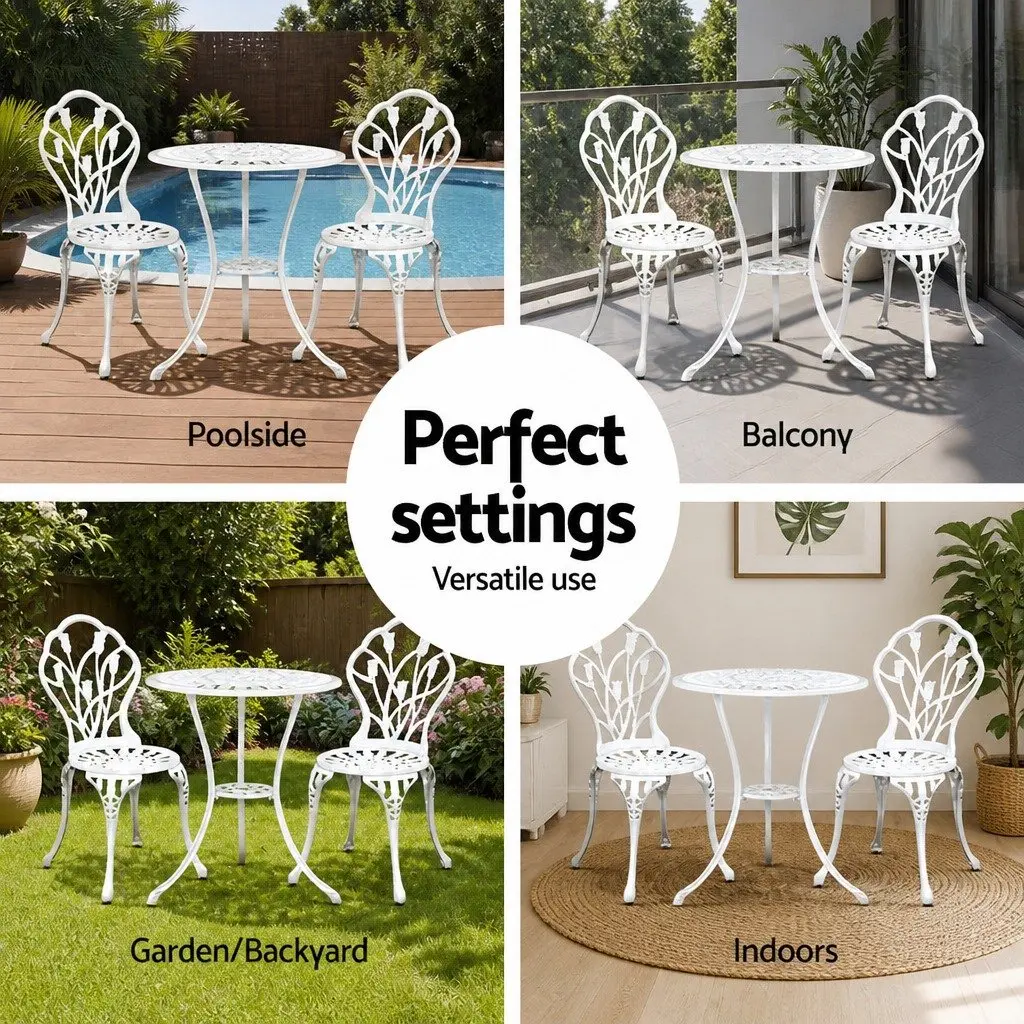 Outdoor Bistro Set Cast Aluminium White 3 Piece Garden Furniture
