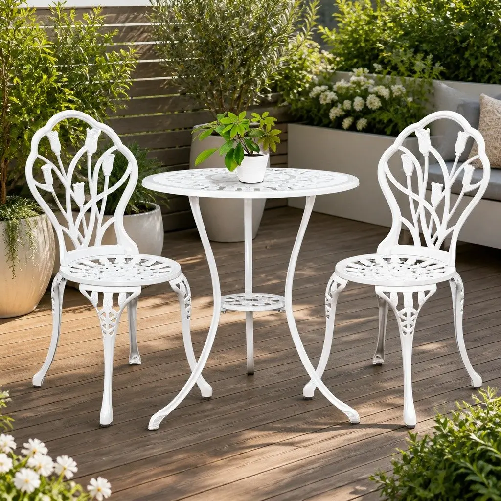 Outdoor Bistro Set Cast Aluminium White 3 Piece Garden Furniture