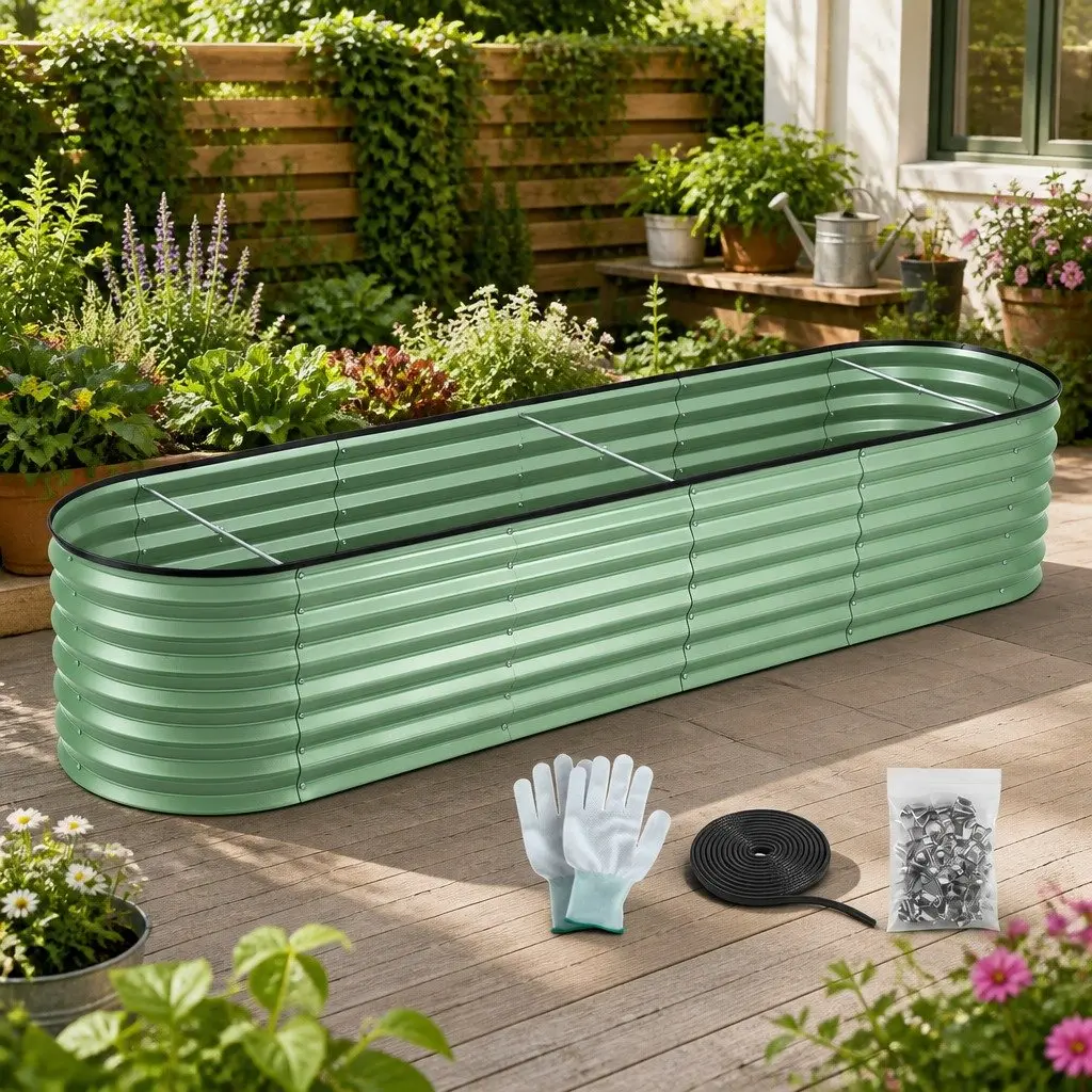 Oval Raised Garden Bed Galvanised Steel 240x60x45cm Green