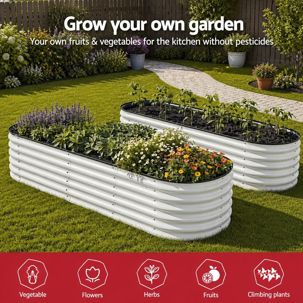 Oval Raised Garden Bed Galvanised Steel 240x60x45cm White
