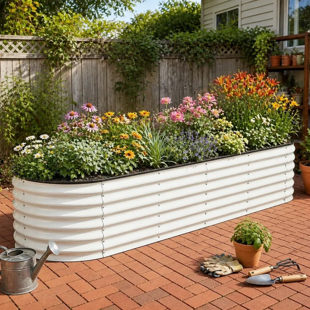 Oval Raised Garden Bed Galvanised Steel 240x60x45cm White