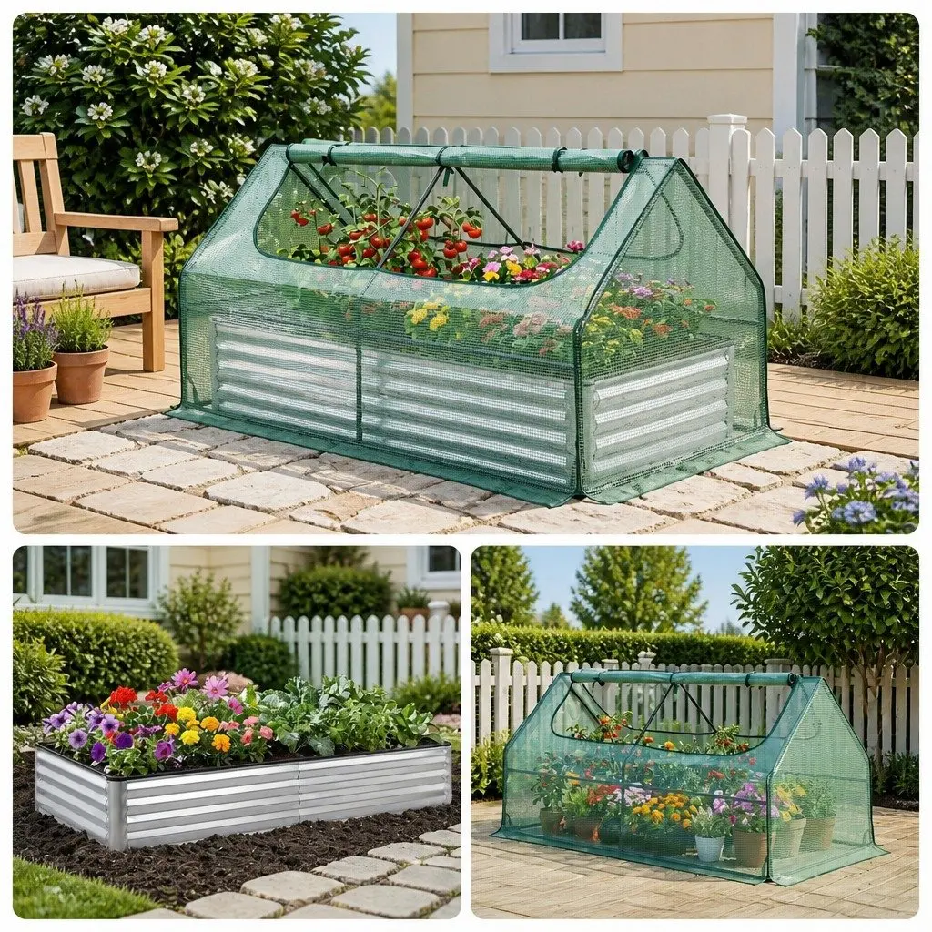 Raised Garden Bed Galvanised Steel 180 x 80 x 30 cm Green and Silver with Greenhouse Cover