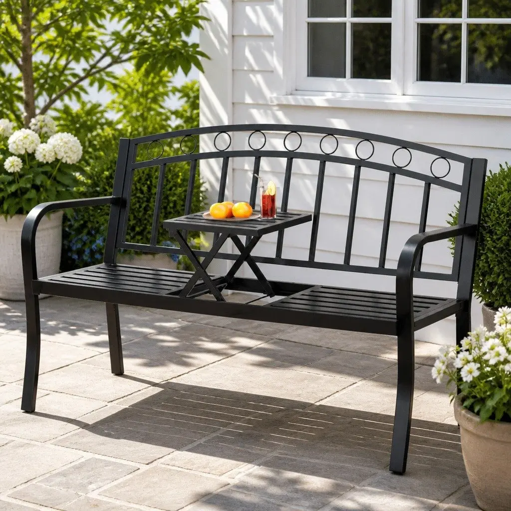 Outdoor Bench Steel 3-Seater Foldable Table Black