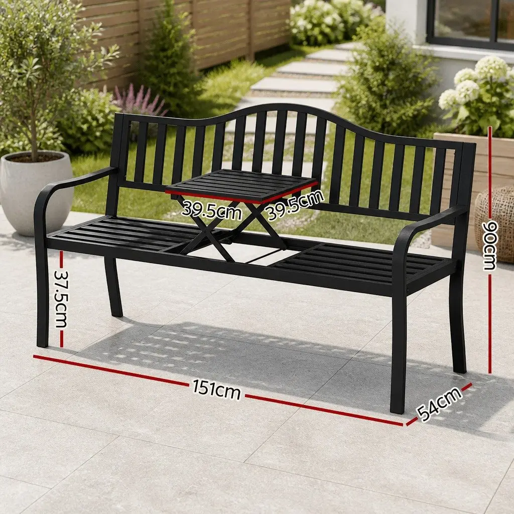Outdoor Garden Bench Loveseat Steel Foldable Table Black 3 Seater