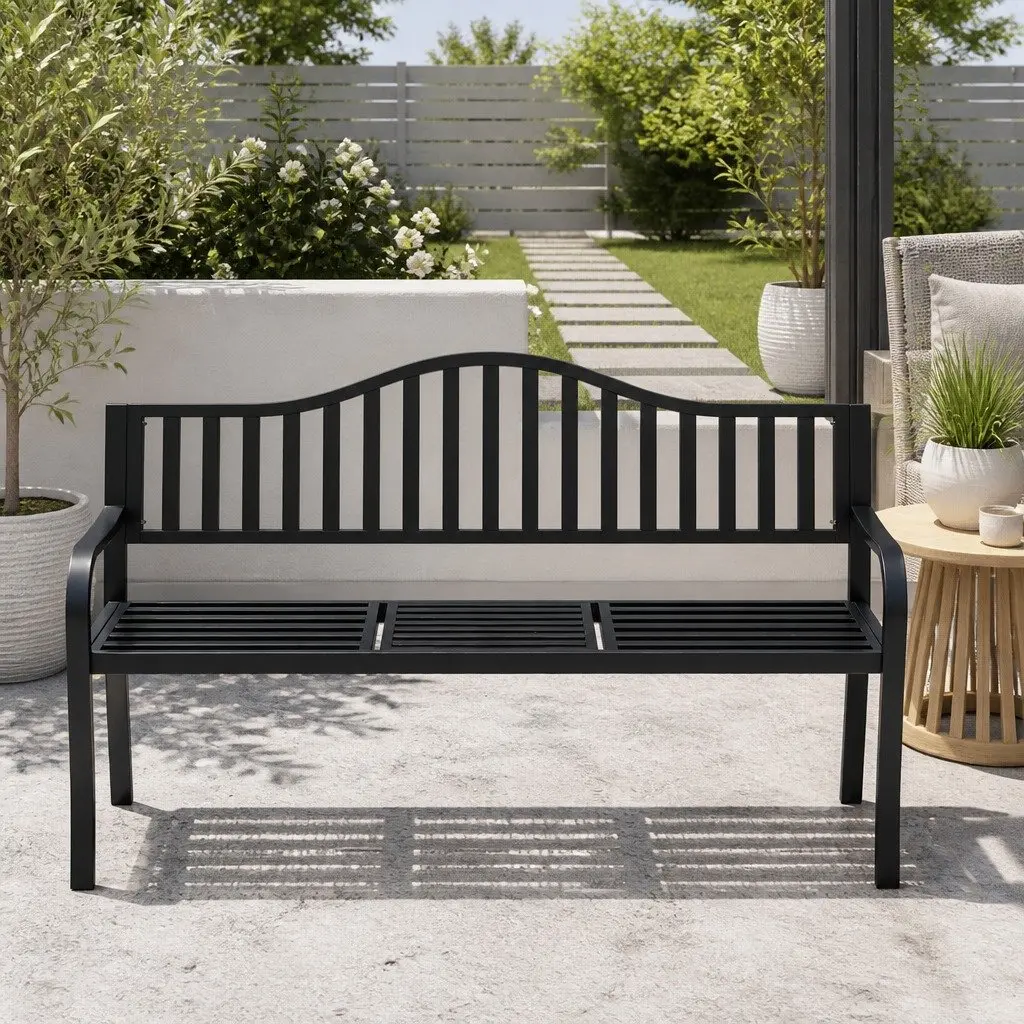 Outdoor Garden Bench Loveseat Steel Foldable Table Black 3 Seater