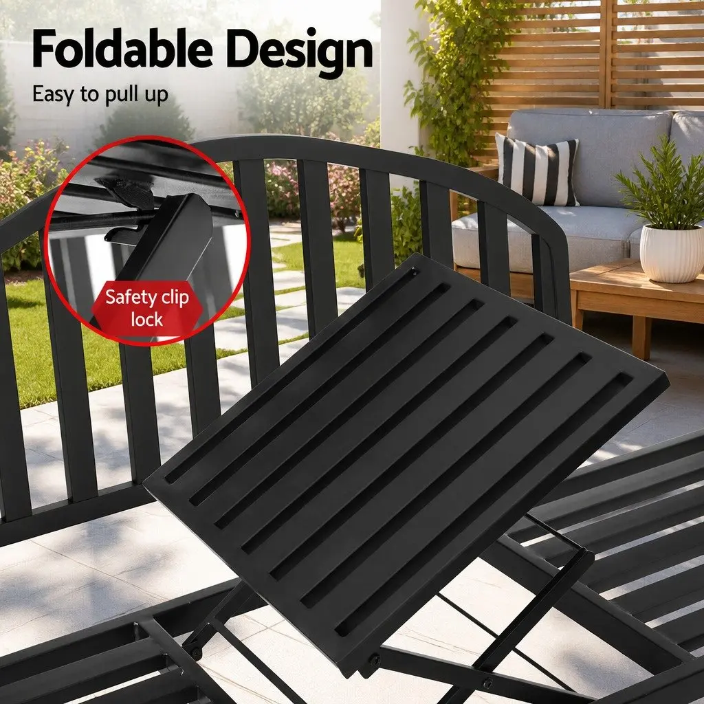Outdoor Garden Bench Loveseat Steel Foldable Table Black 3 Seater