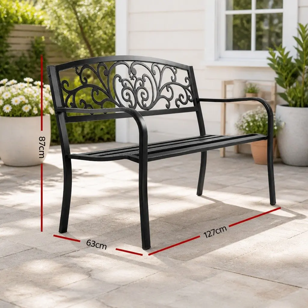 Garden Bench Steel Frame 3 Seater Outdoor Black