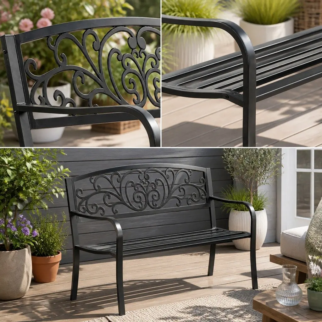 Garden Bench Steel Frame 3 Seater Outdoor Black