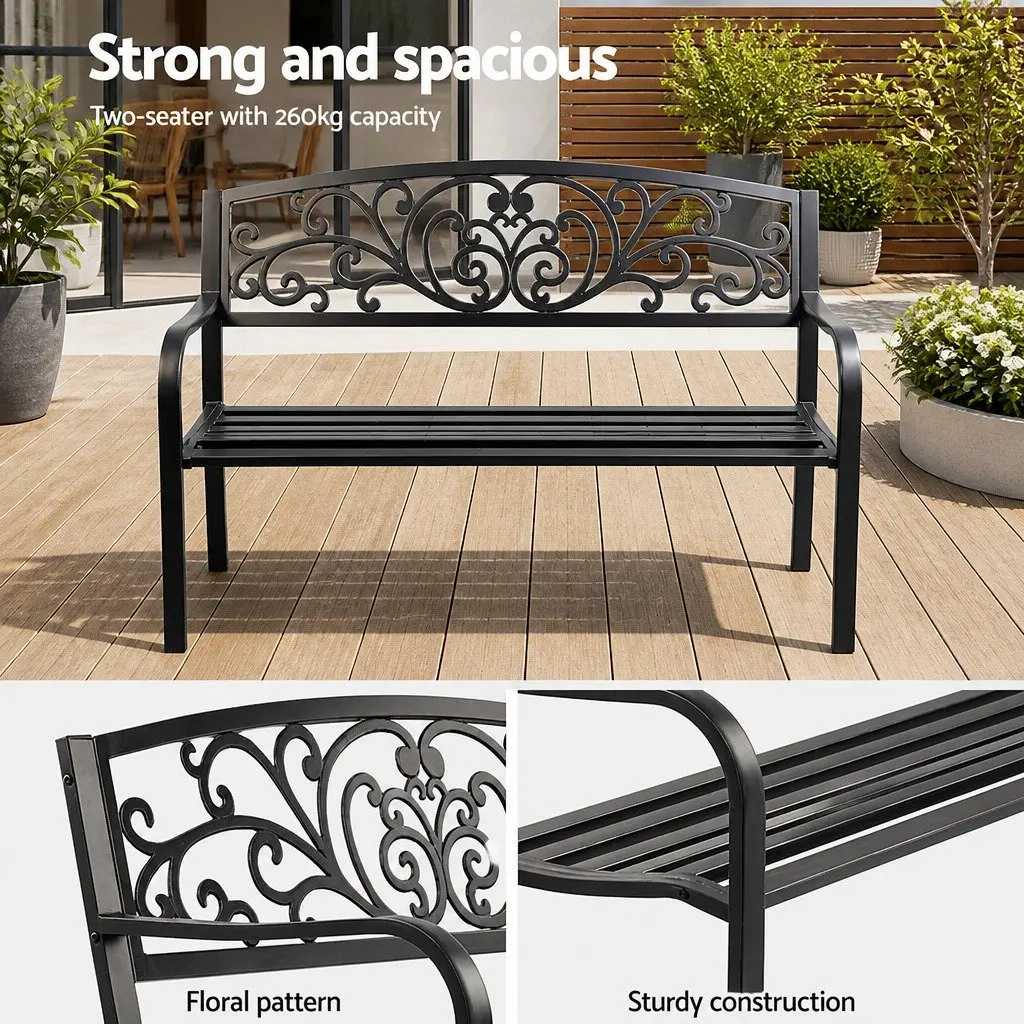 Garden Bench Steel Frame 3 Seater Outdoor Black