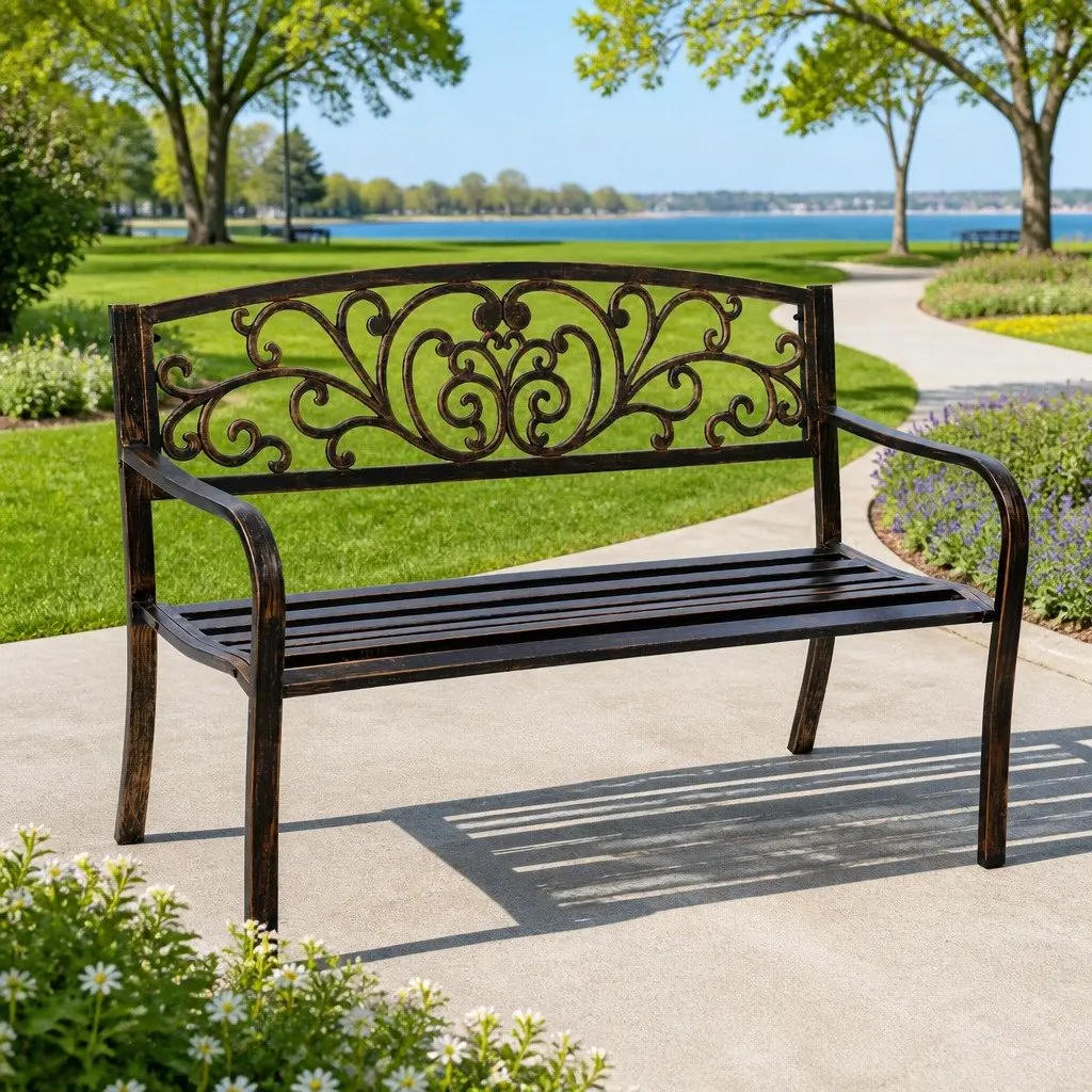3-Seater Garden Bench with Cast Iron Backrest