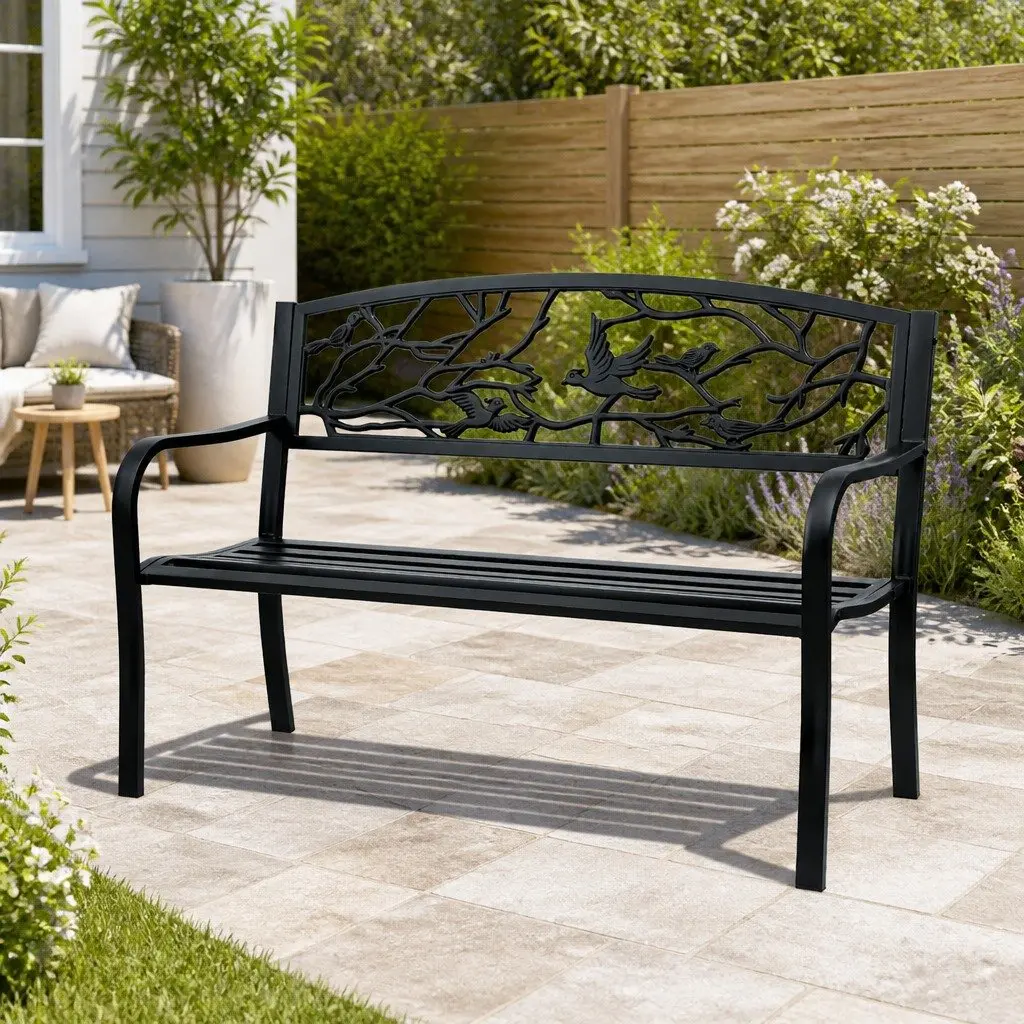 Black Steel Frame 3-Seater Outdoor Garden Bench