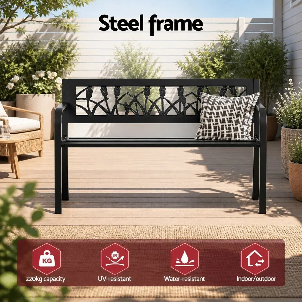 Outdoor Bench Steel Frame 2 Seater Black Seat Backrest