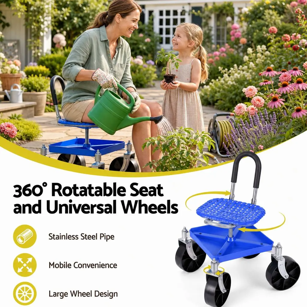 Garden Stool Steel Height Adjustable 360 Swivel Blue