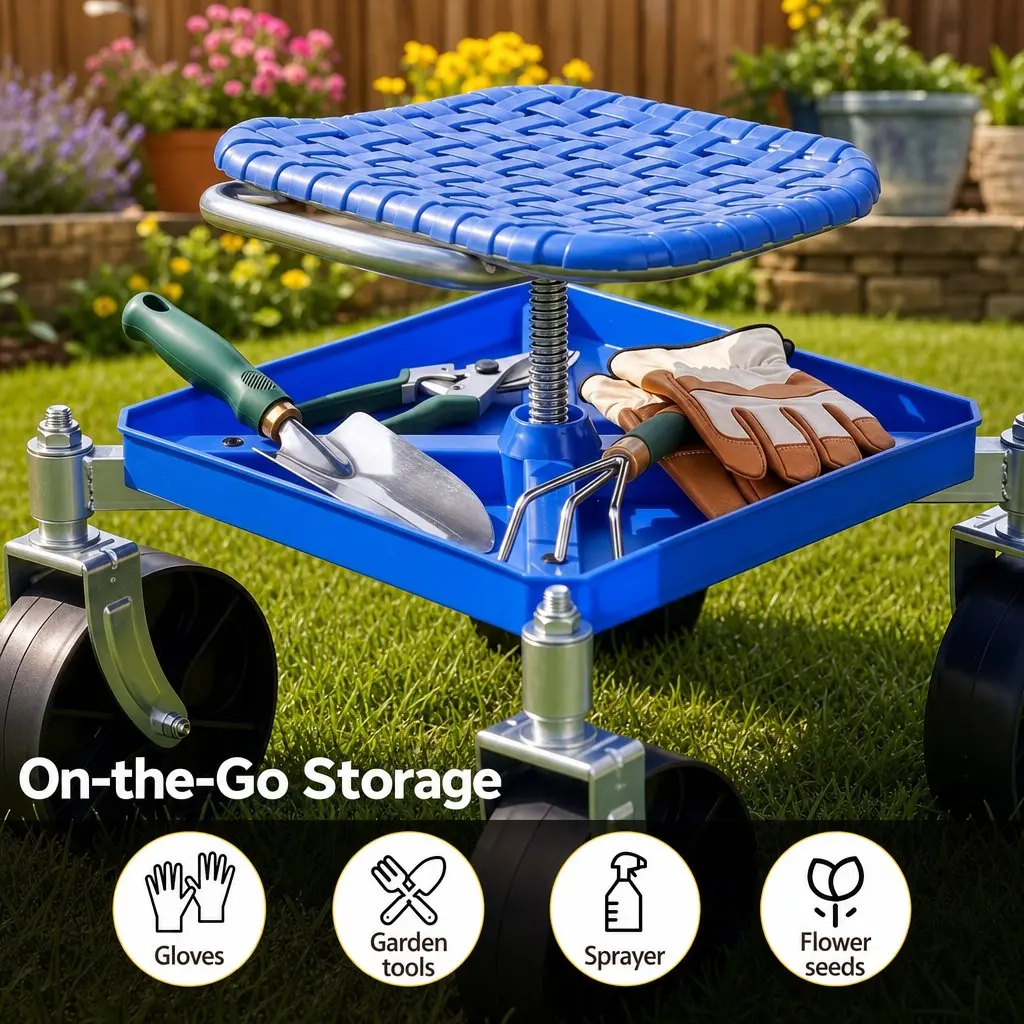 Garden Stool Steel Height Adjustable 360 Swivel Blue