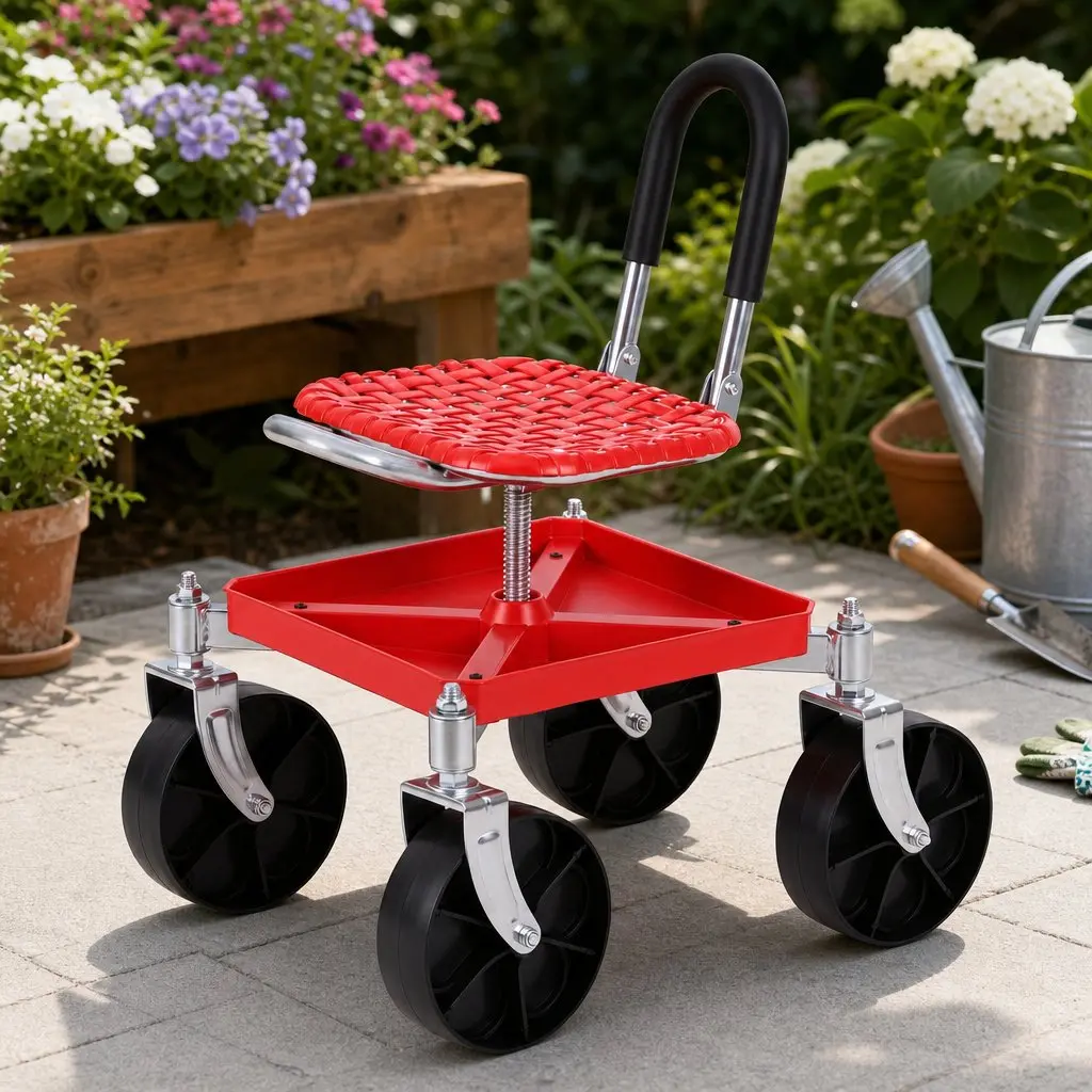 Garden Stool Steel Height Adjustable 360 Swivel Red