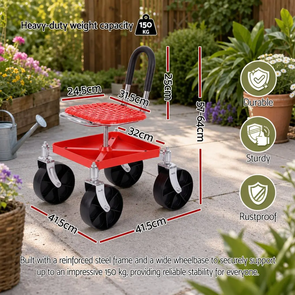Garden Stool Steel Height Adjustable 360 Swivel Red