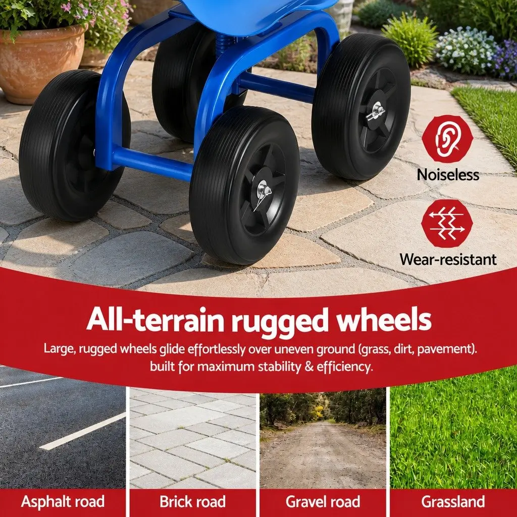 Garden Rolling Seat Steel Adjustable Height 360 Swivel Blue Black