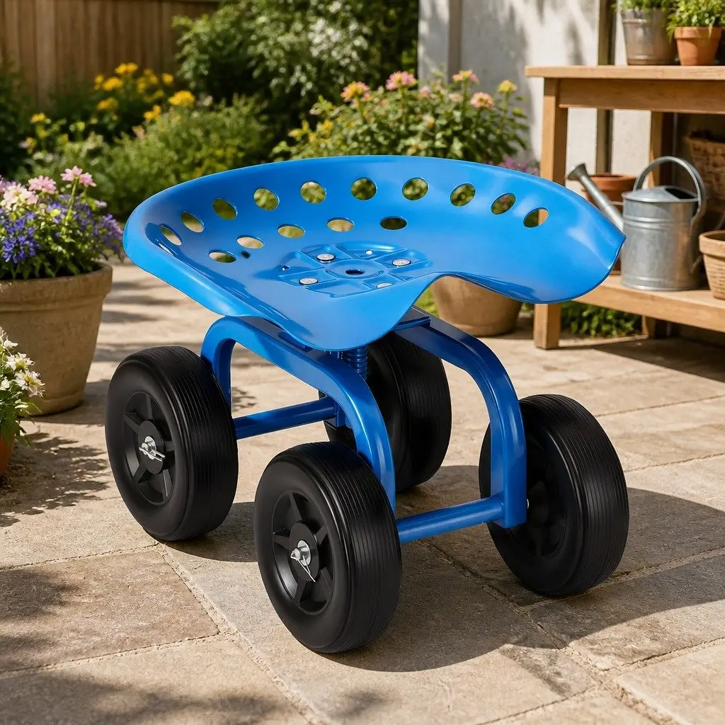 Garden Rolling Seat Steel Adjustable Height 360 Swivel Blue Black