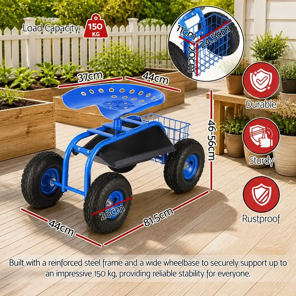 Garden Rolling Stool Steel Adjustable Height 46 to 56cm Blue 360 Swivel Seat with Wheels