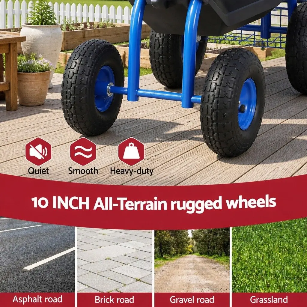 Garden Rolling Stool Steel Adjustable Height 46 to 56cm Blue 360 Swivel Seat with Wheels