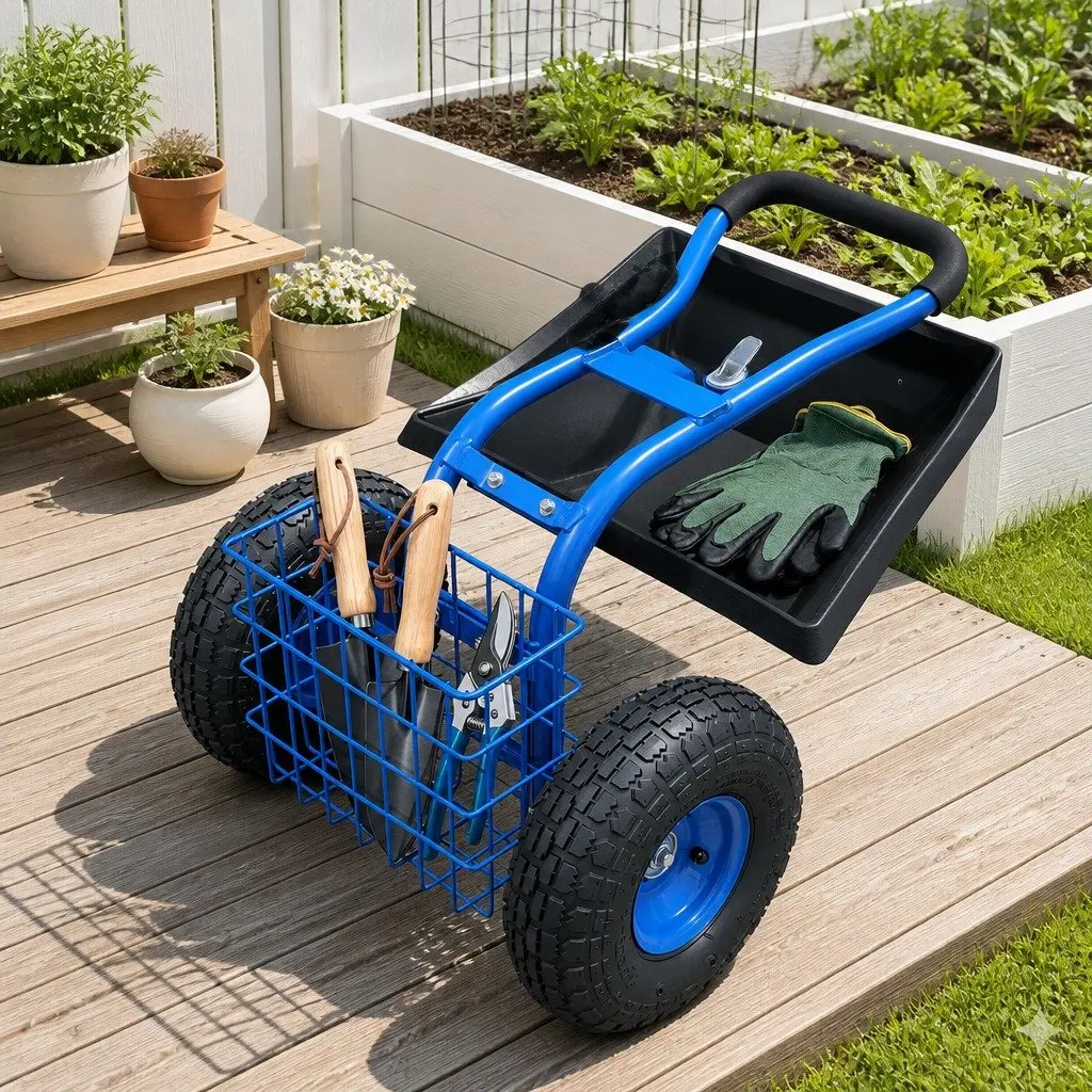 Garden Rolling Stool Steel Adjustable Height 46 to 56cm Blue 360 Swivel Seat with Wheels