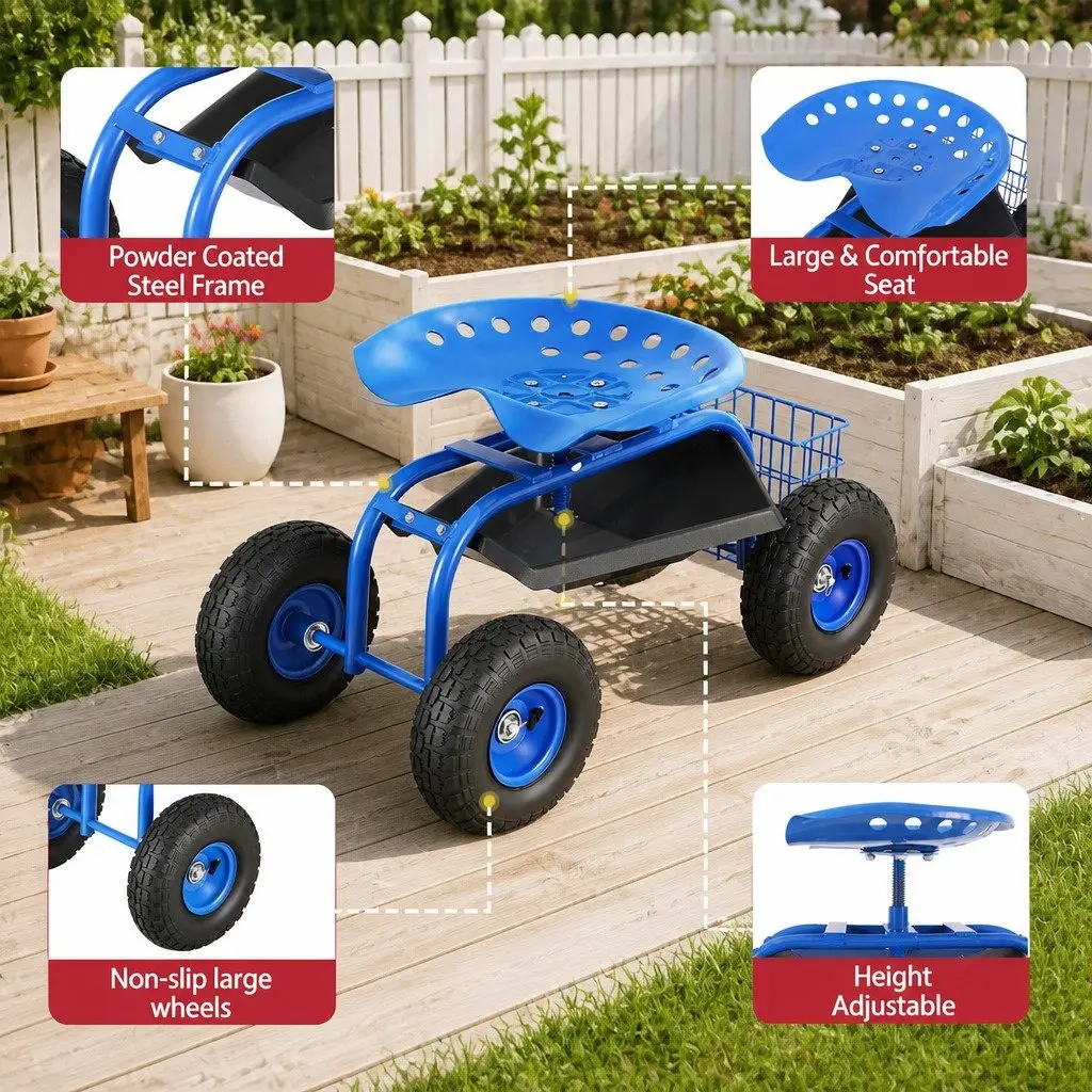 Garden Rolling Stool Steel Adjustable Height 46 to 56cm Blue 360 Swivel Seat with Wheels