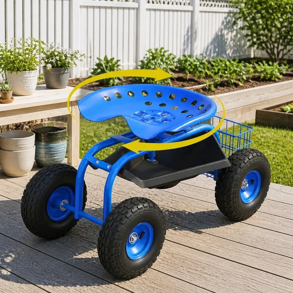 Garden Rolling Stool Steel Adjustable Height 46 to 56cm Blue 360 Swivel Seat with Wheels