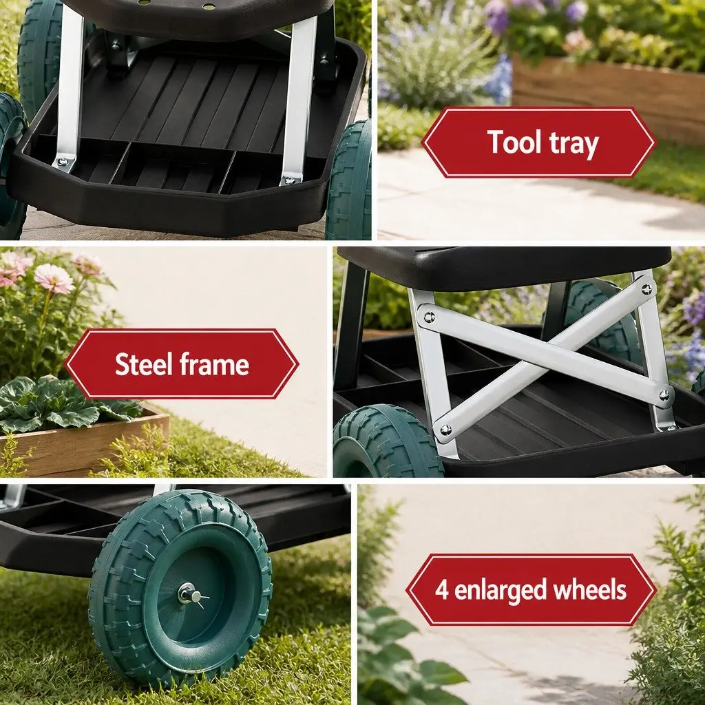 Garden Rolling Stool Steel Plastic 48x48x33cm Black Green