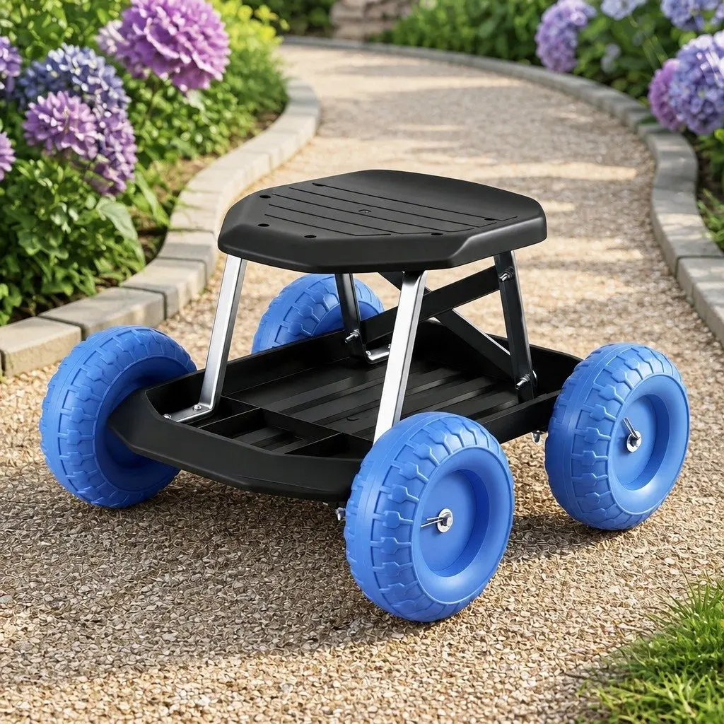 Garden Rolling Stool with Tool Tray and Wheels