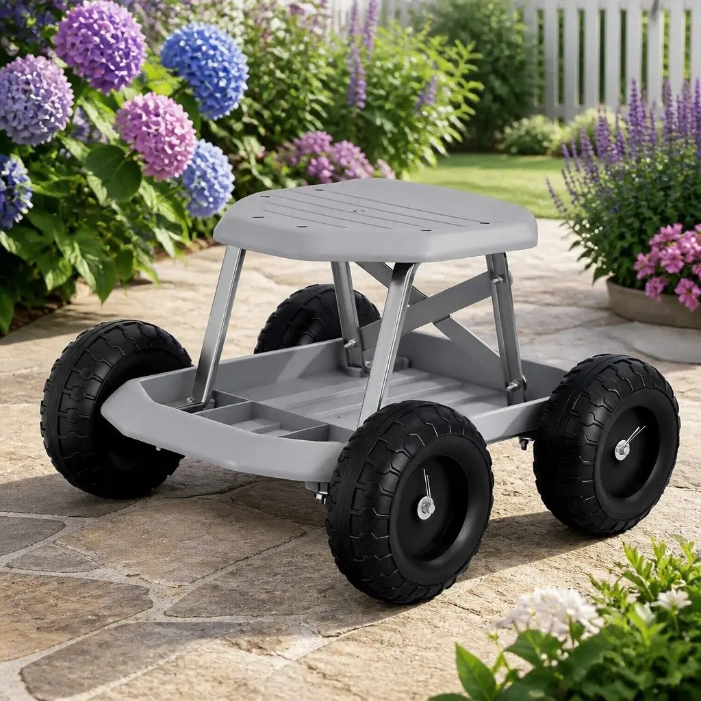 Heavy Duty Garden Stool with Tool Storage and Rolling Wheels