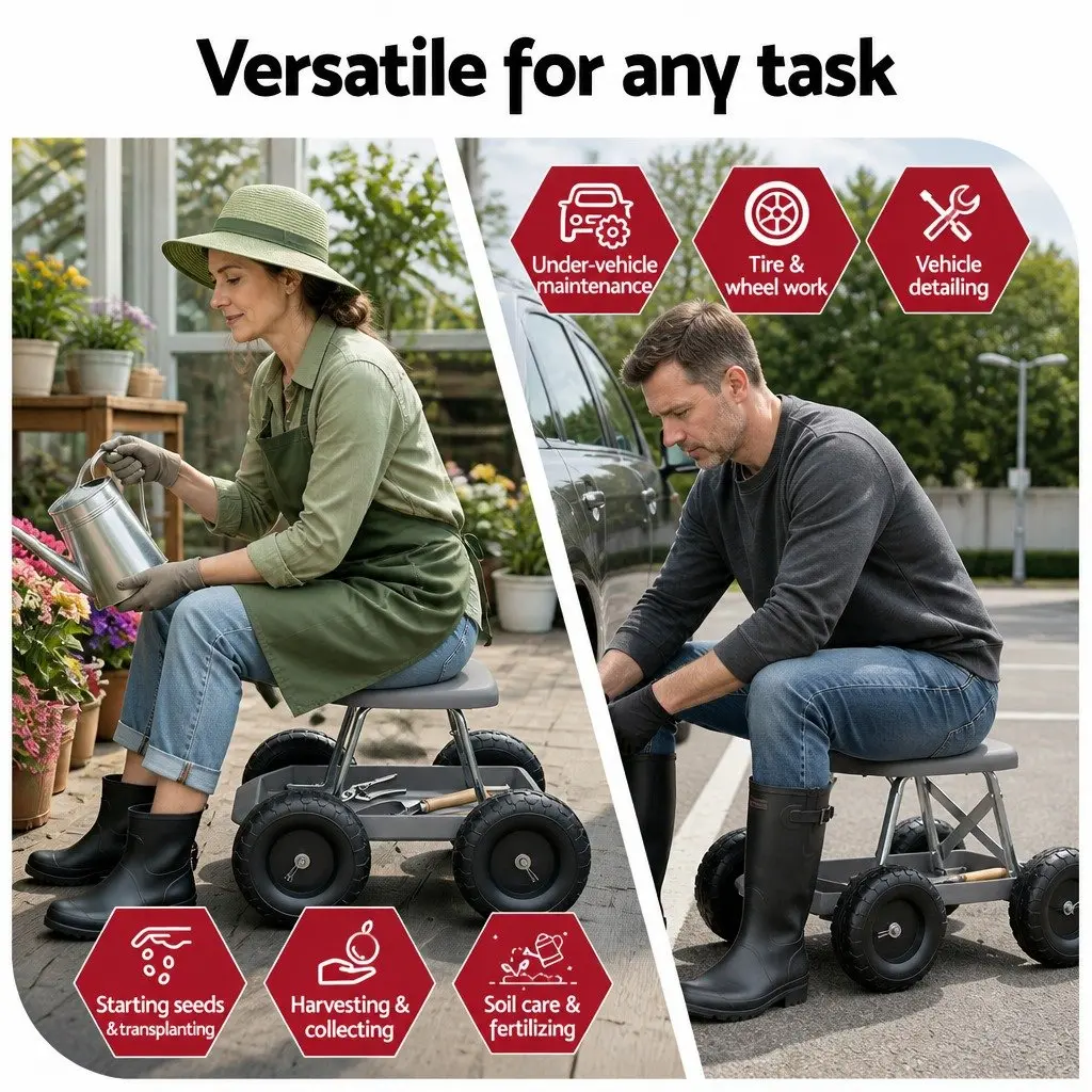 Garden Stool Rolling Seat Steel Plastic Grey Black