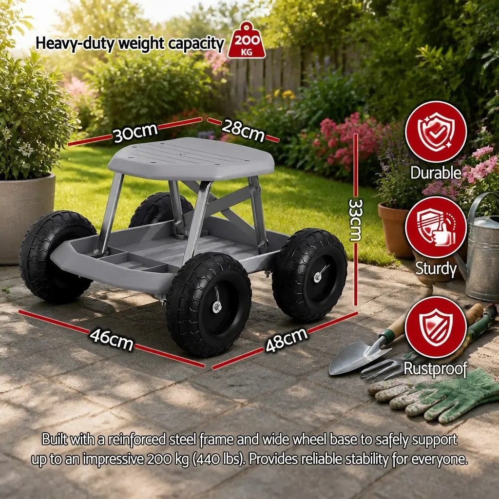 Garden Stool Rolling Seat Steel Plastic Grey Black