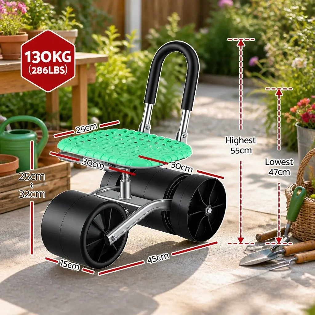 Garden Work Seat Coated Steel Green 360° Swivel Adjustable Height All-Terrain Wheels