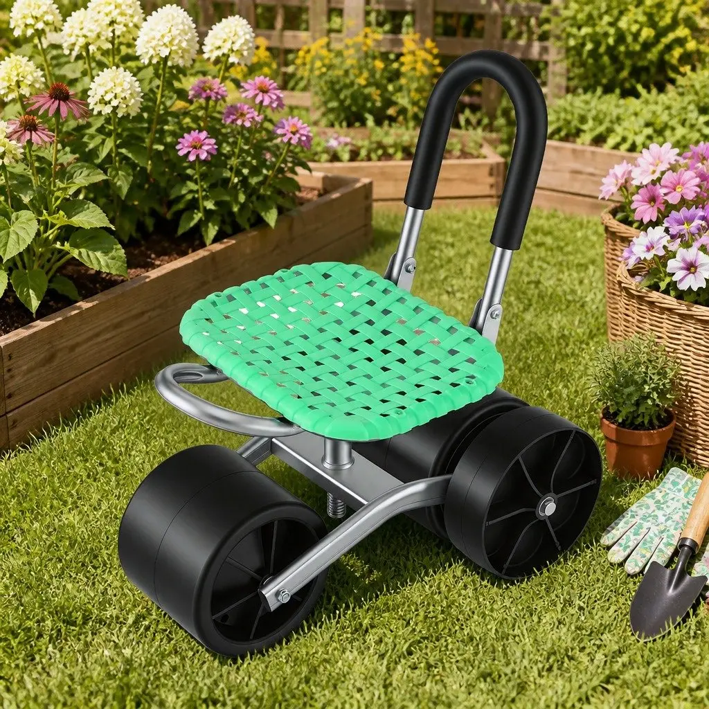 Garden Work Seat Coated Steel Green 360° Swivel Adjustable Height All-Terrain Wheels