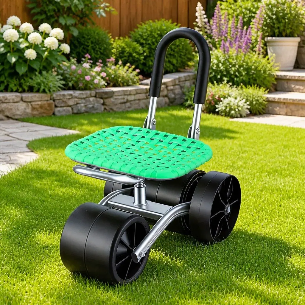 Garden Work Seat Coated Steel Green 360° Swivel Adjustable Height All-Terrain Wheels
