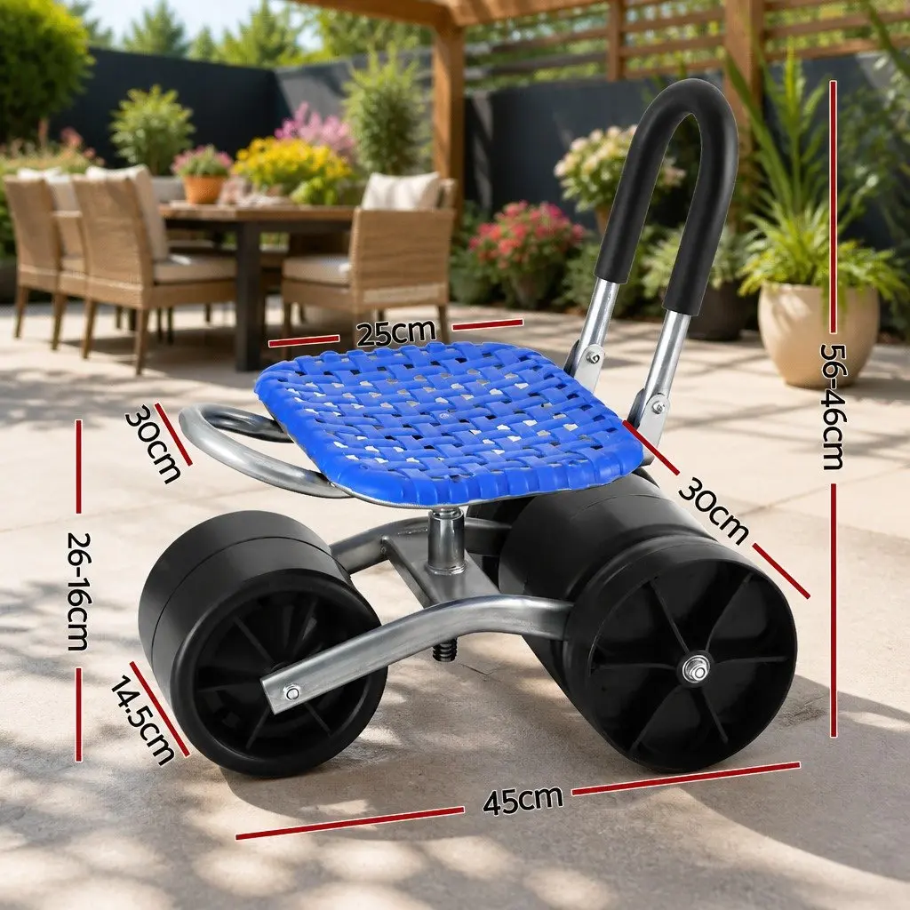 Garden Stool Steel Blue Height Adjustable Foldable with Wheels 360 Rotation