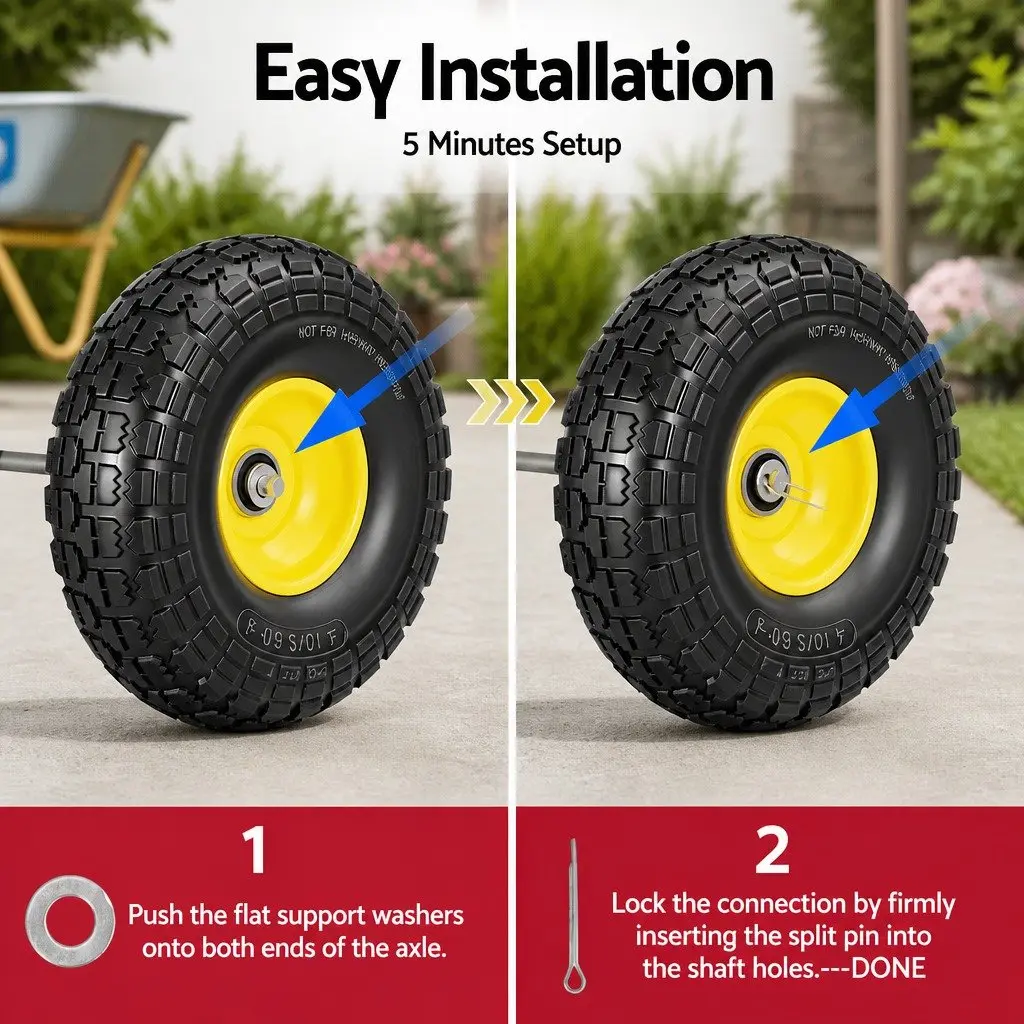 2pcs 10" Flat Free Puncture Proof Wheels Solid Rubber Tires Trolley Cart Garden