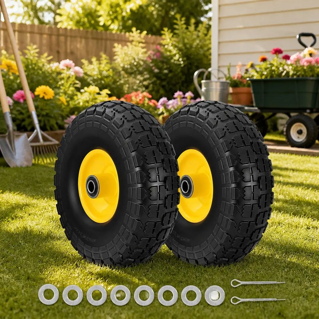 2pcs 10" Flat Free Puncture Proof Wheels Solid Rubber Tires Trolley Cart Garden