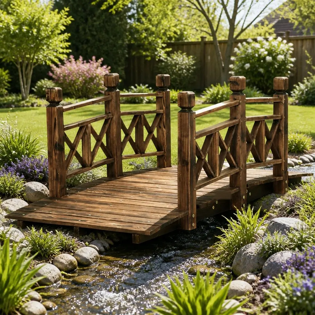 Wooden Garden Bridge with Arch and Railings