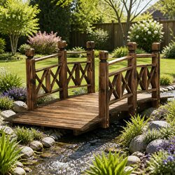 Elegant Wooden Garden Bridge with Arch and Railings