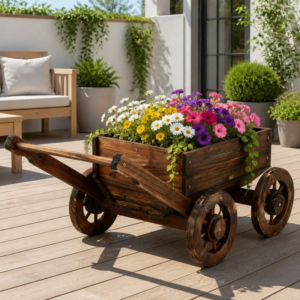 Wooden Planter Cart Solid Fir Wood 46cm x 77cm x 19cm Natural Charred Brown