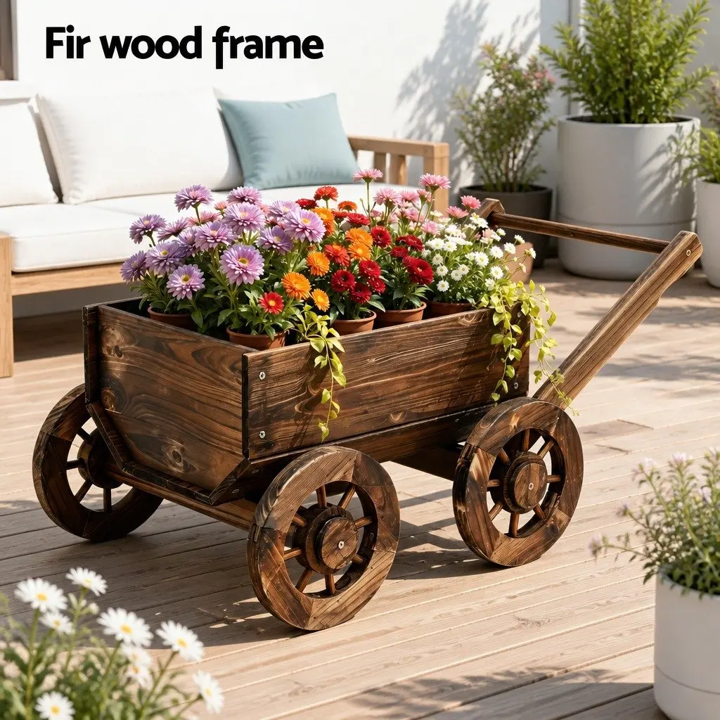 Wooden Planter Cart Solid Fir Wood 46cm x 77cm x 19cm Natural Charred Brown