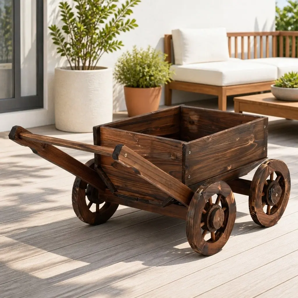 Wooden Planter Cart Solid Fir Wood 46cm x 77cm x 19cm Natural Charred Brown