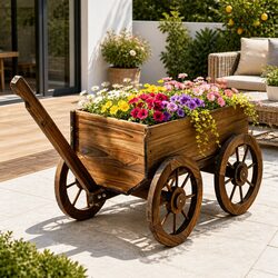Wooden Planter Cart Garden Flower Wagon Display Stand Four Wheels Outdoor Decor