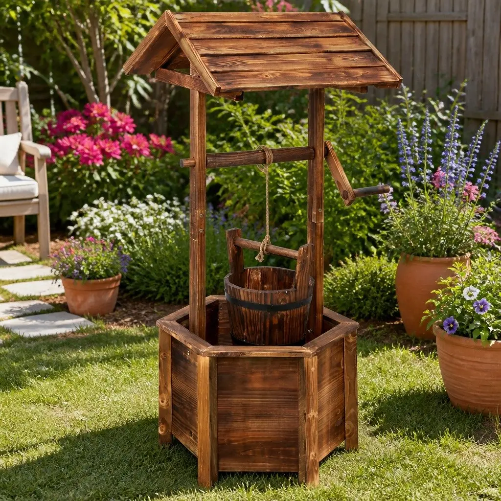 Rustic Wooden Wishing Well Garden Ornament with Stability