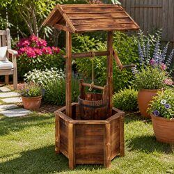Rustic Wooden Wishing Well Garden Ornament with Stability