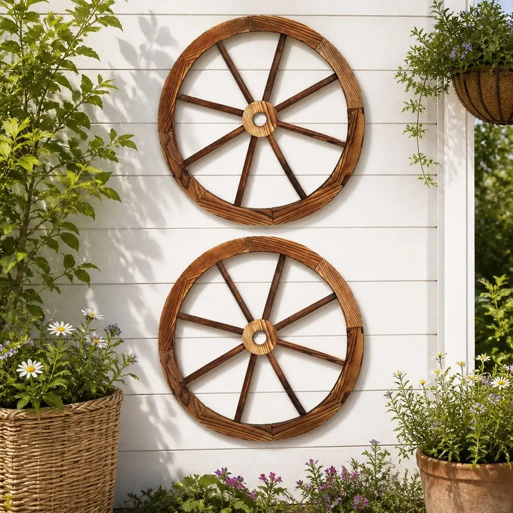 60cm Wooden Wagon Wheel Garden Ornament for Rustic Appeal