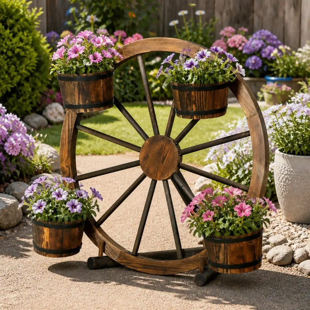 Wooden Garden Wheel Plant Stand for Outdoor Decor 80cm