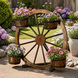 Wooden Garden Wheel Plant Stand for Outdoor Decor 80cm