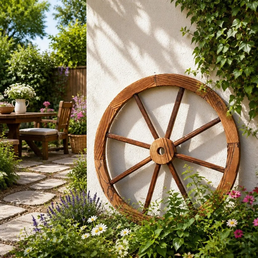 Wooden Wagon Wheel Garden Ornament Fir Wood 60cm Rustic